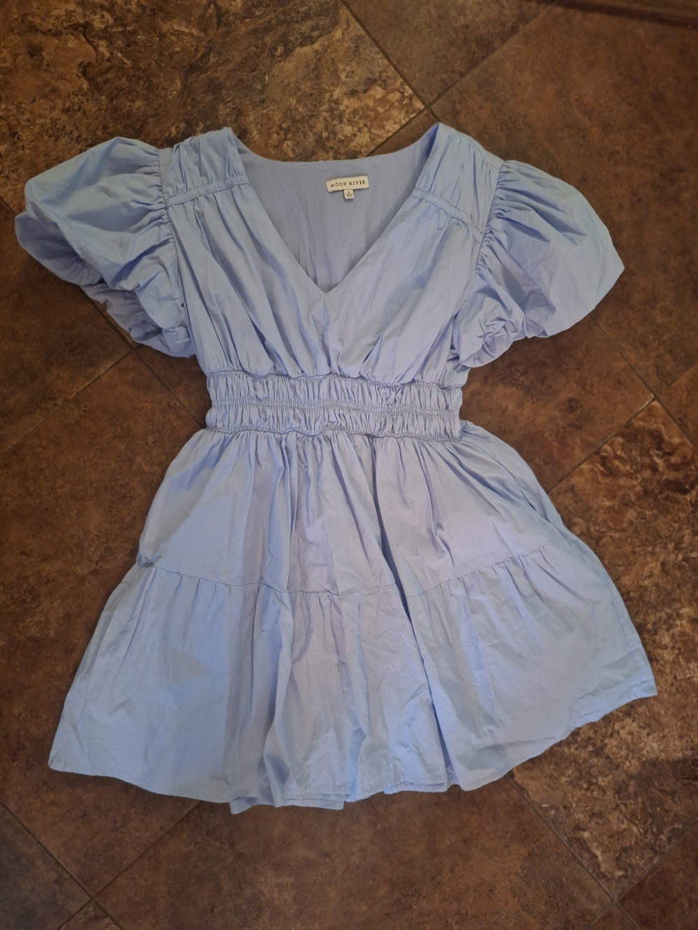 Tuckernuck Moon River Powder Blue Puff-Sleeve Smocked Waist Dress L
